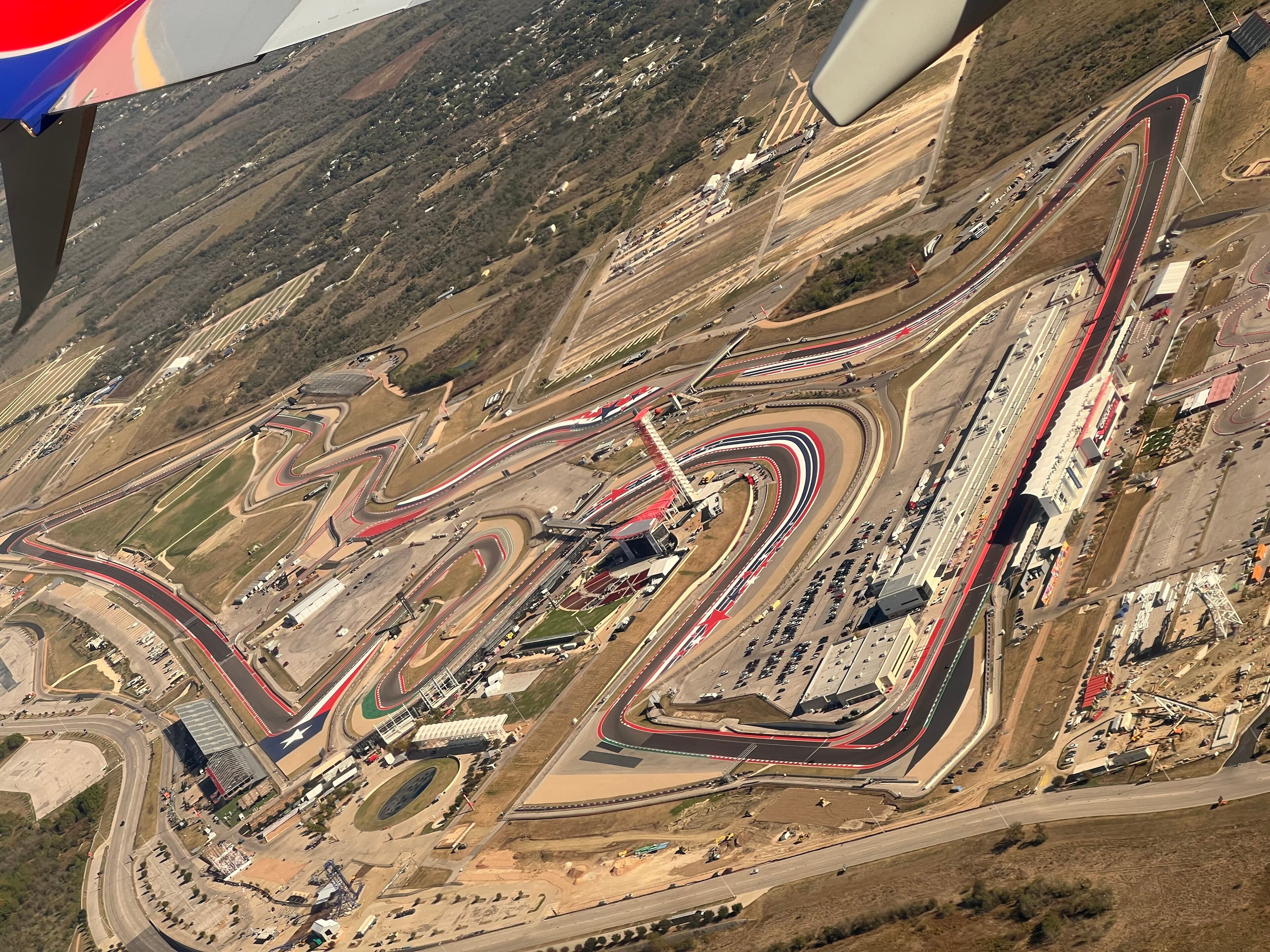 Aerial view of Circuit of the Americas and its observation tower outside Austin, Texas