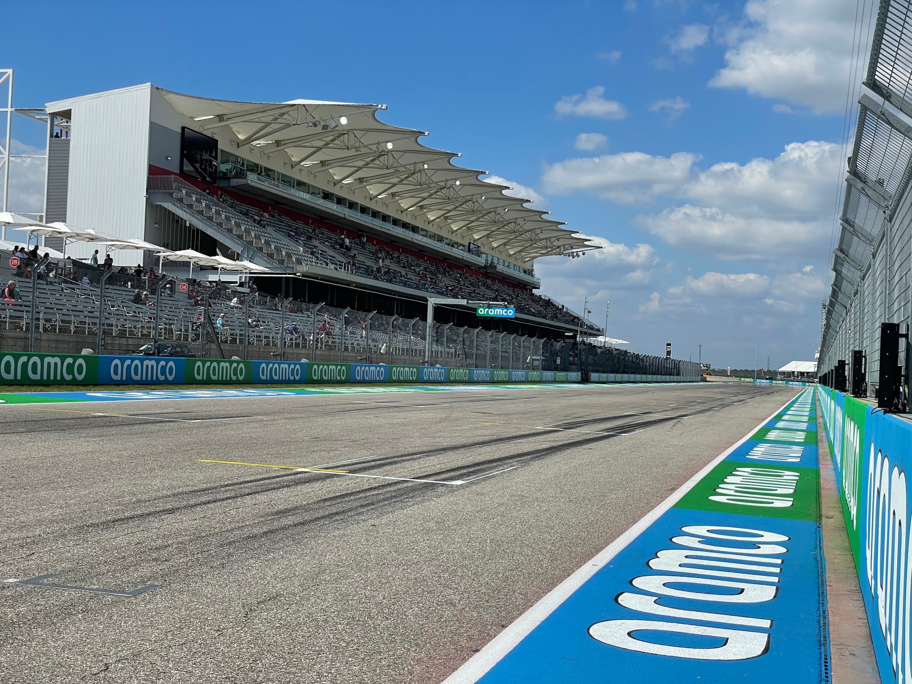 Spectators filling a grandstand at Circuit of the Americas during the 2021 United States Grand Prix