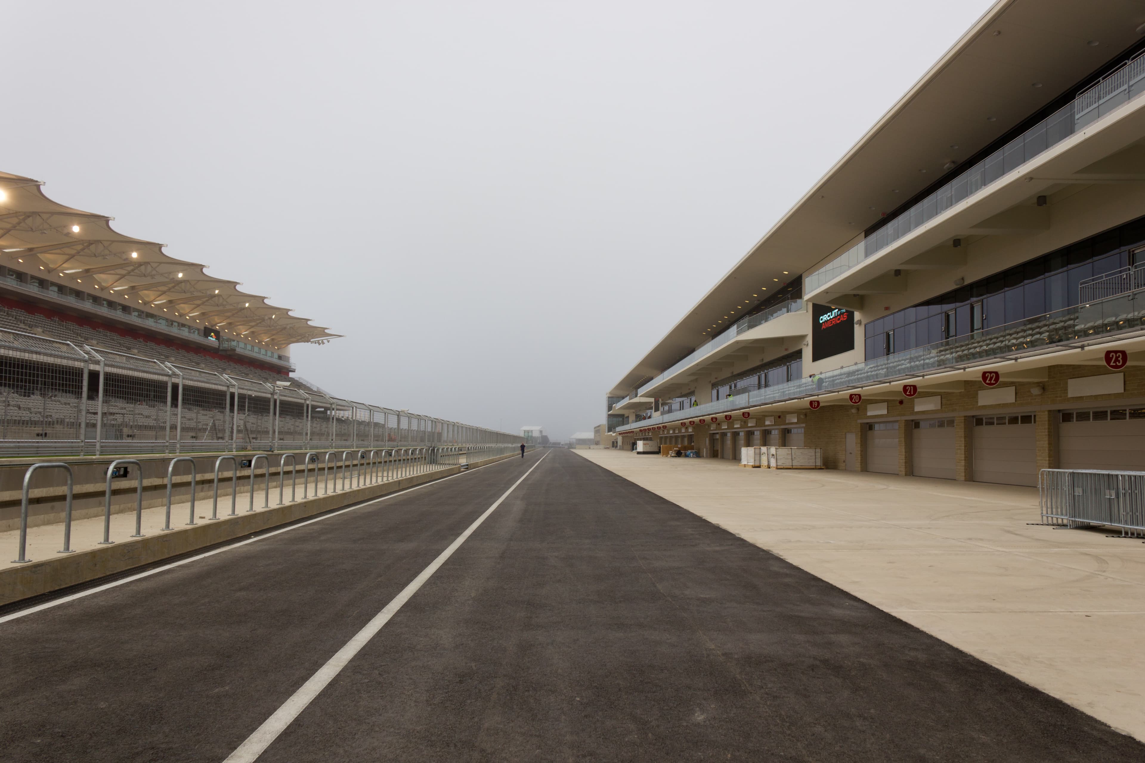 Pit lane and main grandstand at Circuit of the Americas viewed from above