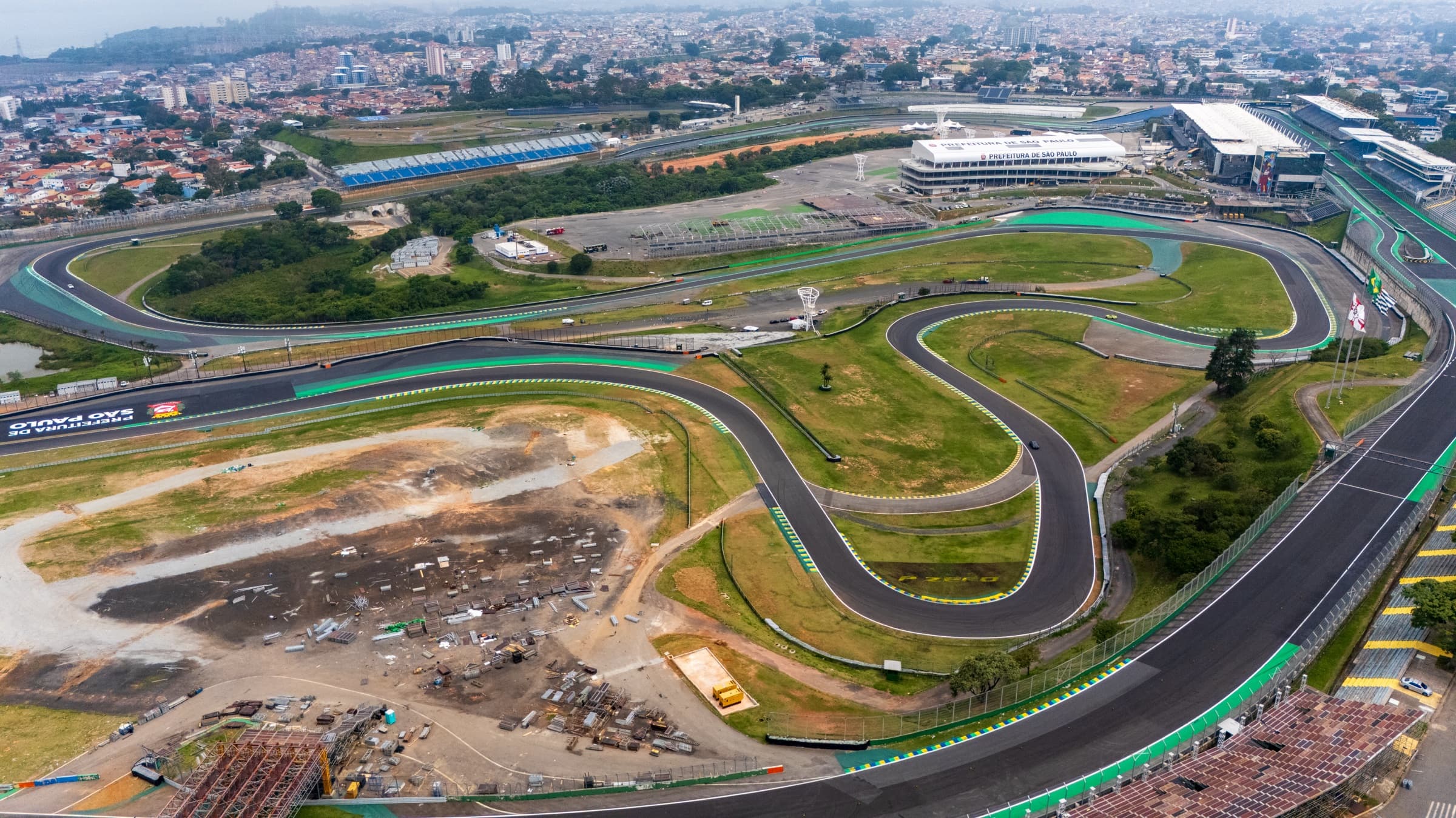 Aerial view of the full Autódromo José Carlos Pace circuit and grandstands at Interlagos