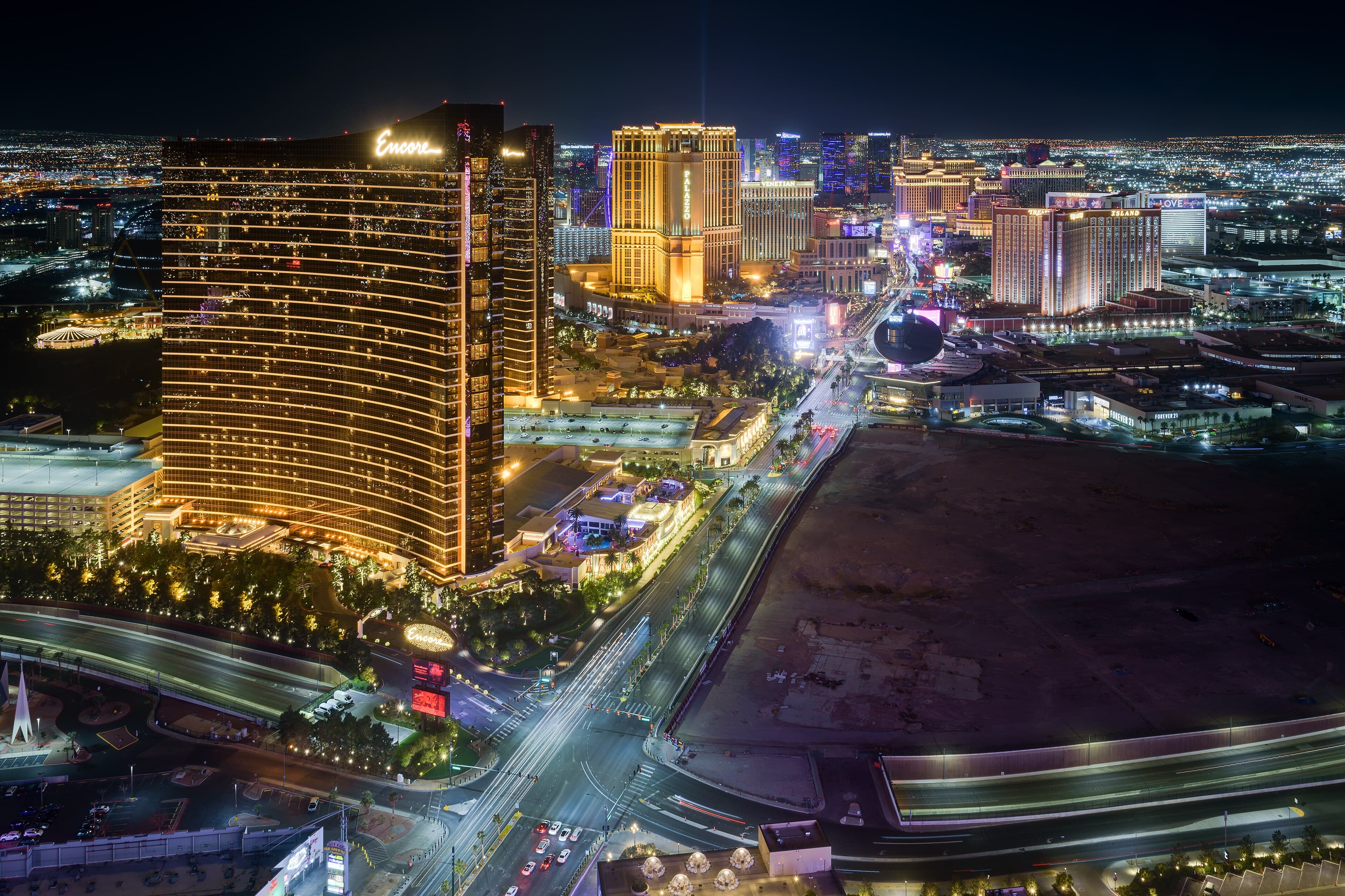 Wide night view of the illuminated Las Vegas Strip from Resorts World
