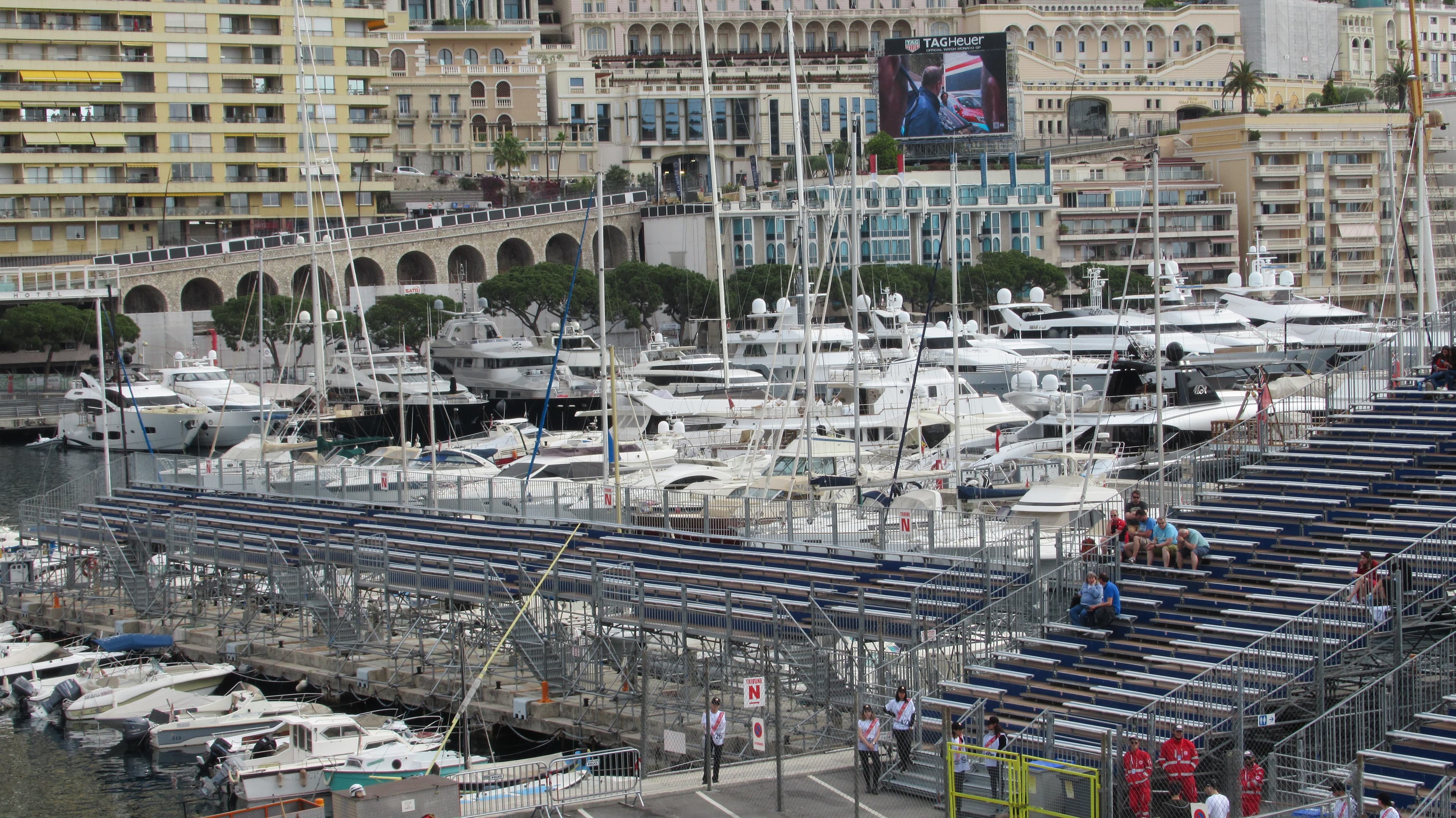 Temporary motorsport grandstands beside the harbour in Monaco