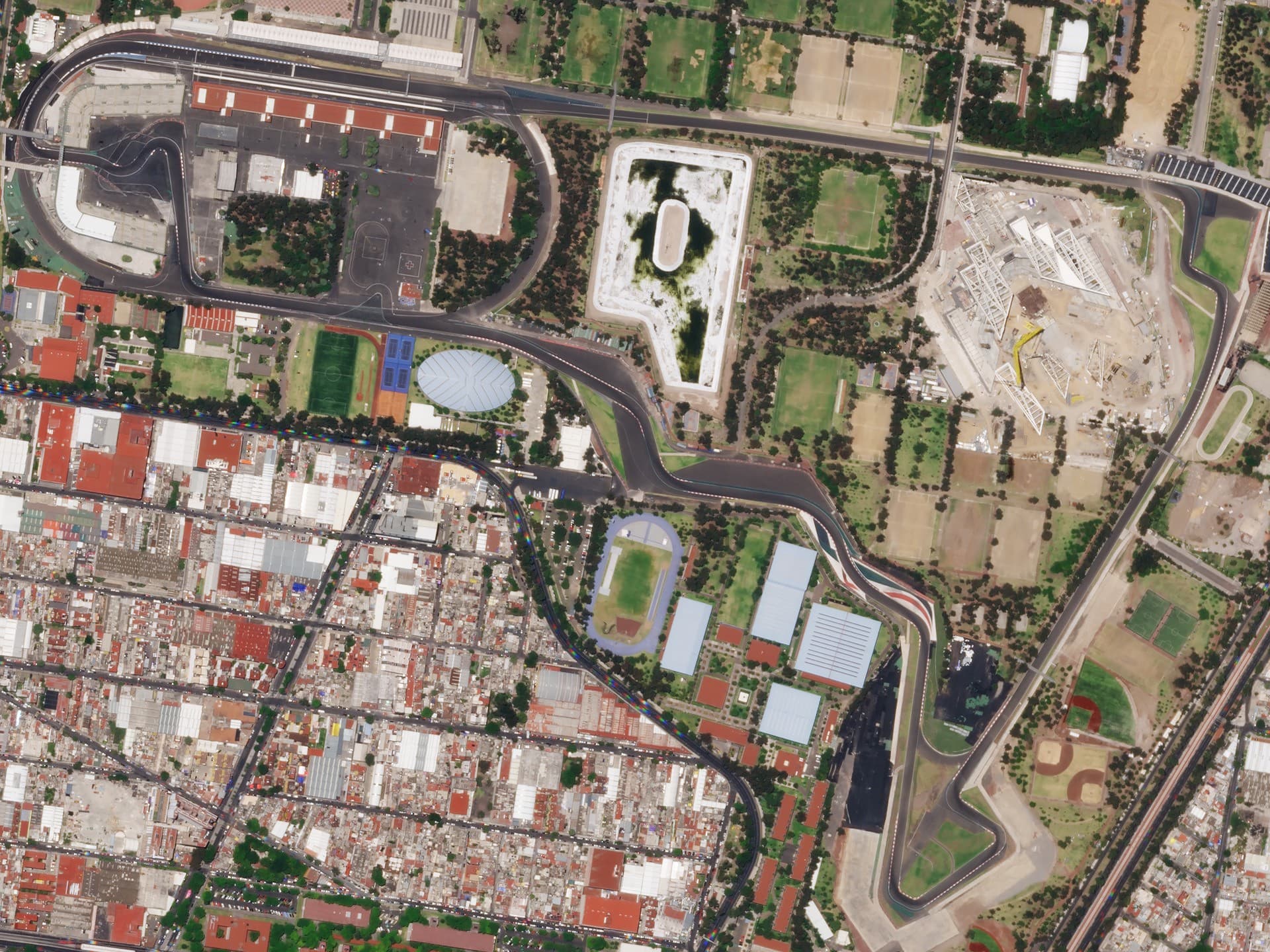 Satellite view of Autódromo Hermanos Rodríguez and the surrounding Mexico City neighbourhoods