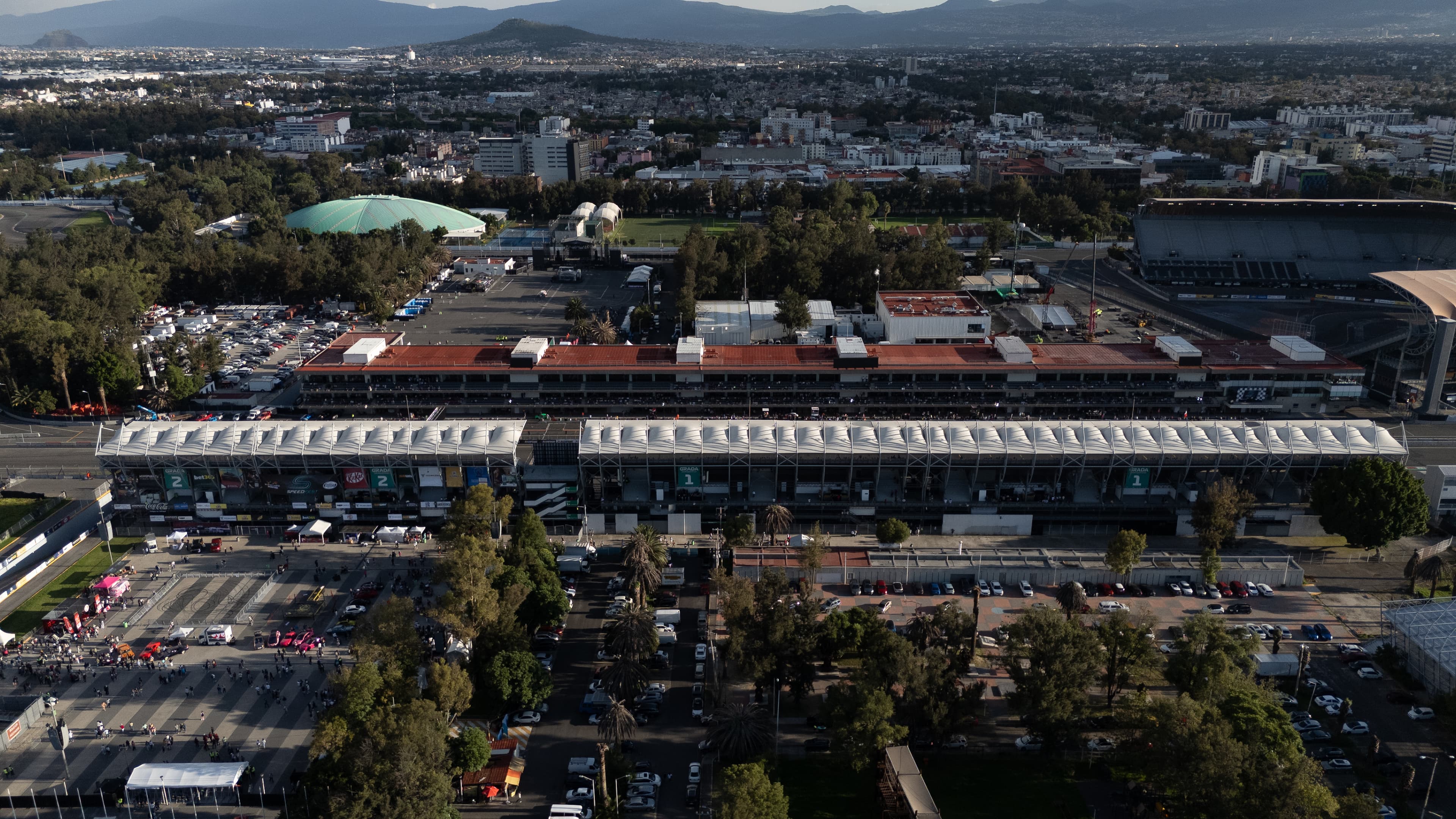Aerial view of the main grandstand and pit building at Autódromo Hermanos Rodríguez
