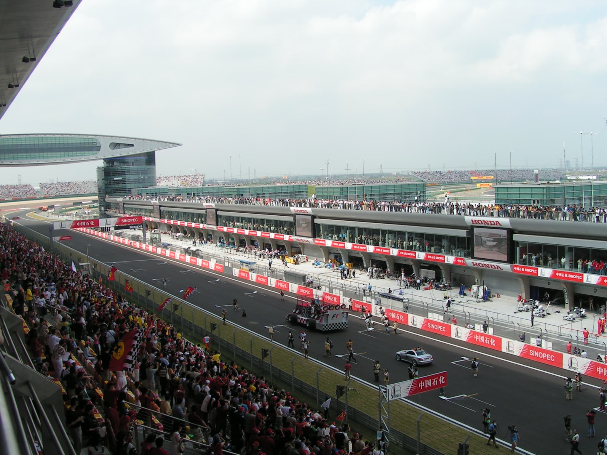 Shanghai International Circuit pit lane seen from the Main Grandstand in 2004