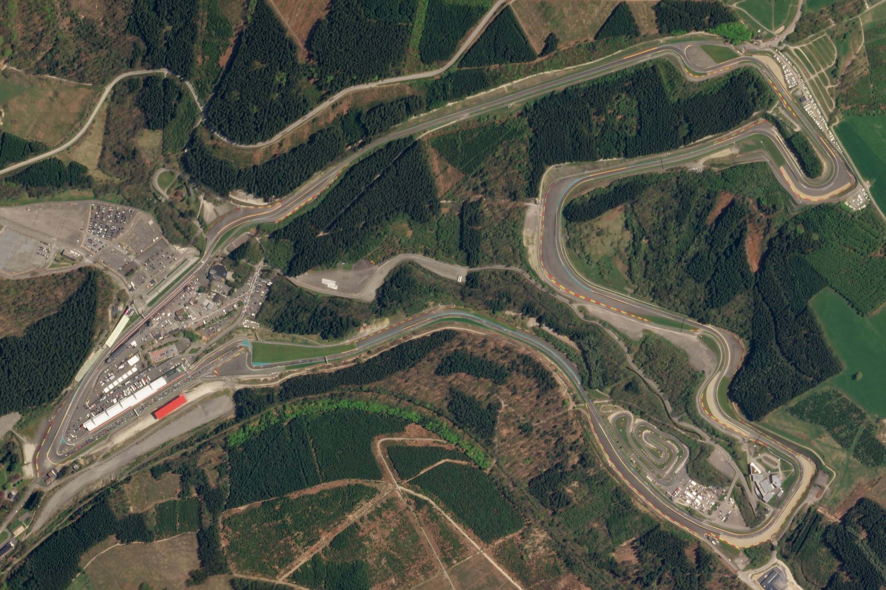 Satellite view of Circuit de Spa-Francorchamps among the wooded Ardennes hills