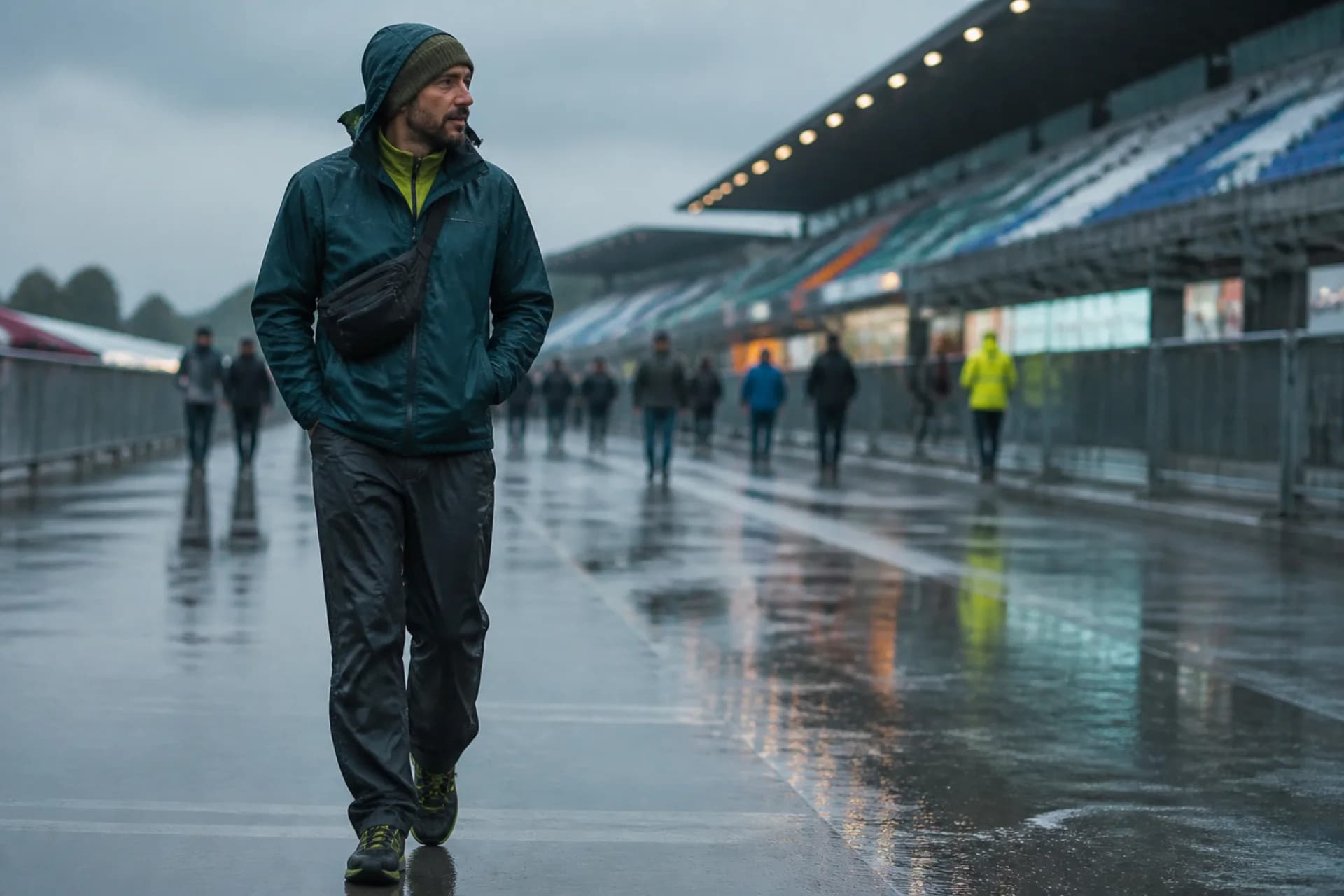 Wet-weather race day, an original fictional editorial scene