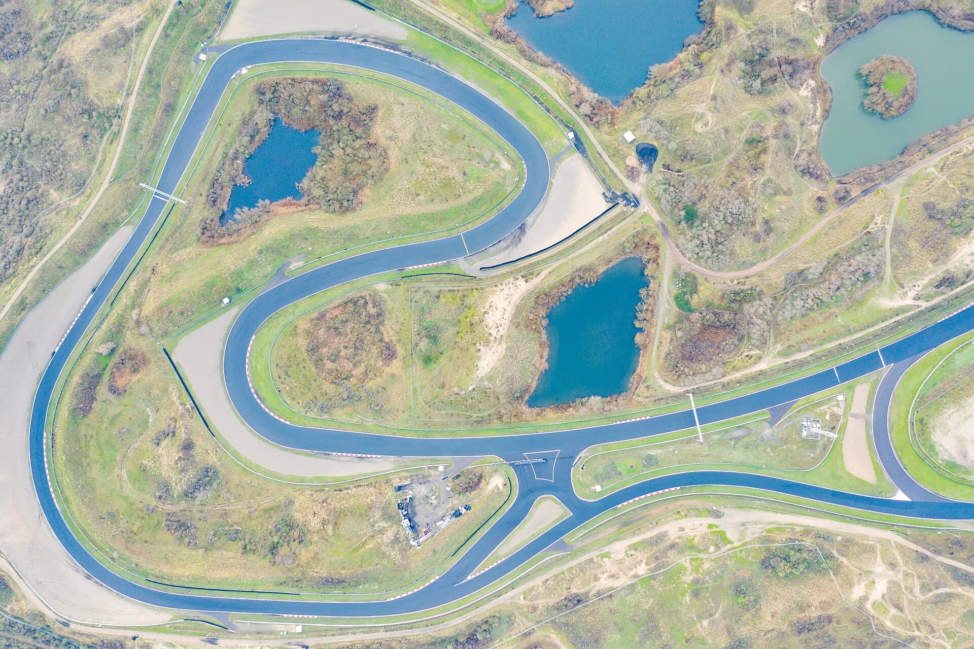 Aerial view of Circuit Zandvoort between the North Sea dunes and the town